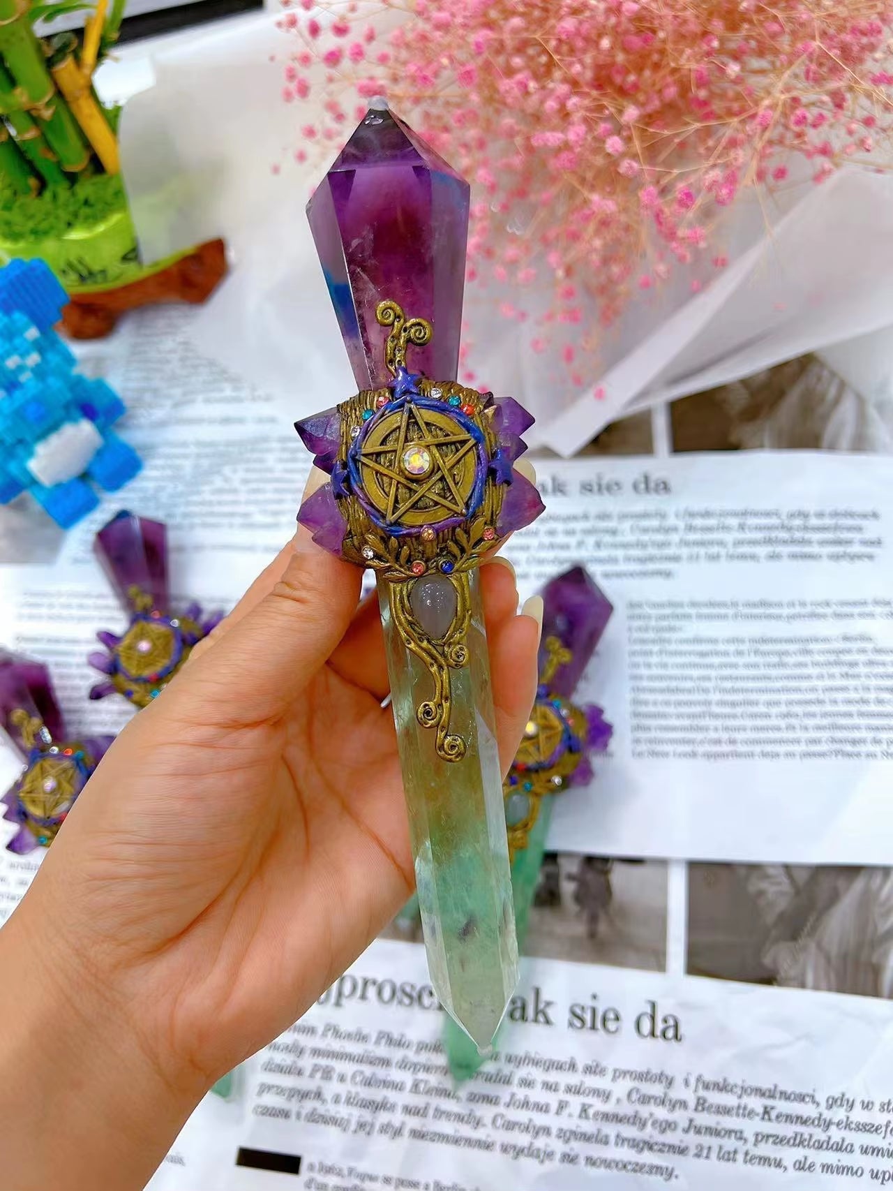 Handmade Crystal Magic Wand Healing Spiritual Witchcraft Magic Stick Incense Expanding Ore Crystal and Stone Natural Stone