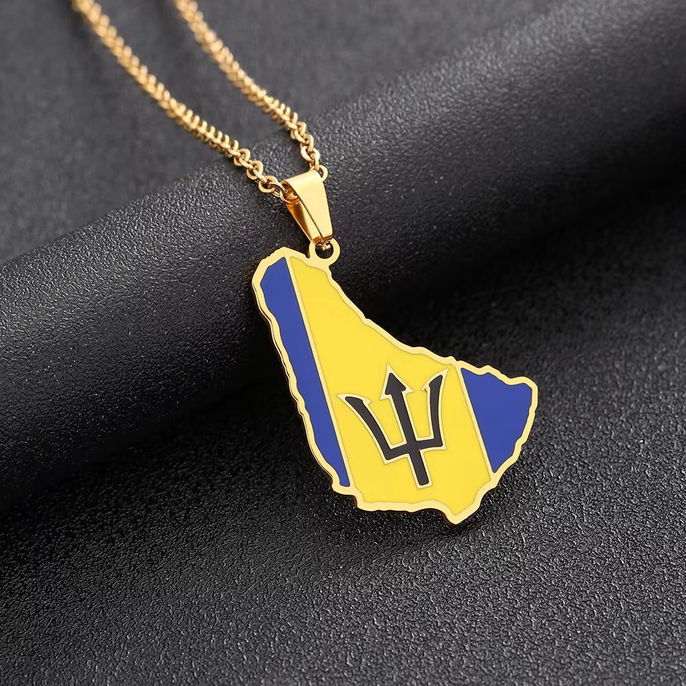 Barbados Map Flag Pendant Necklace Stainless Steel for Women Girls Gold Silver Color Charm Fashion Caribbean Sea Jewelry Gift