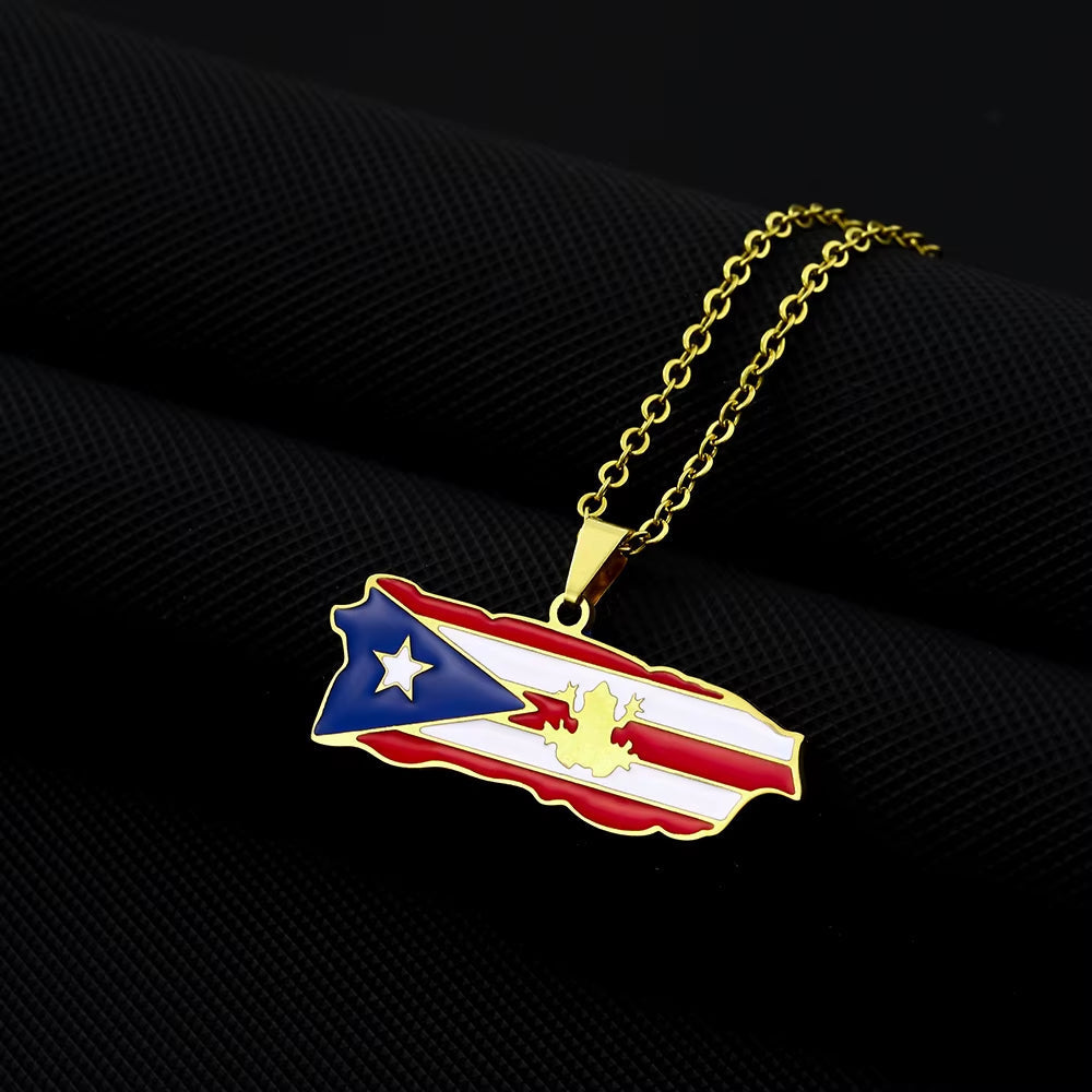 Fashion USA Puerto Rico Map Flag Pendant Necklaces Stainless Steel Maps Jewelry for Men Women Gift