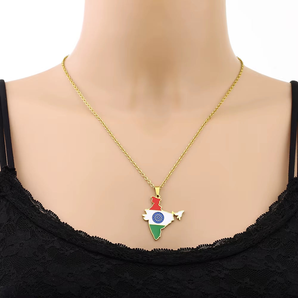 Fashion Republic of India Map Flag Pendant Necklace Stainless Steel Men Women भारत गणराज्य Maps Jewelry Gift