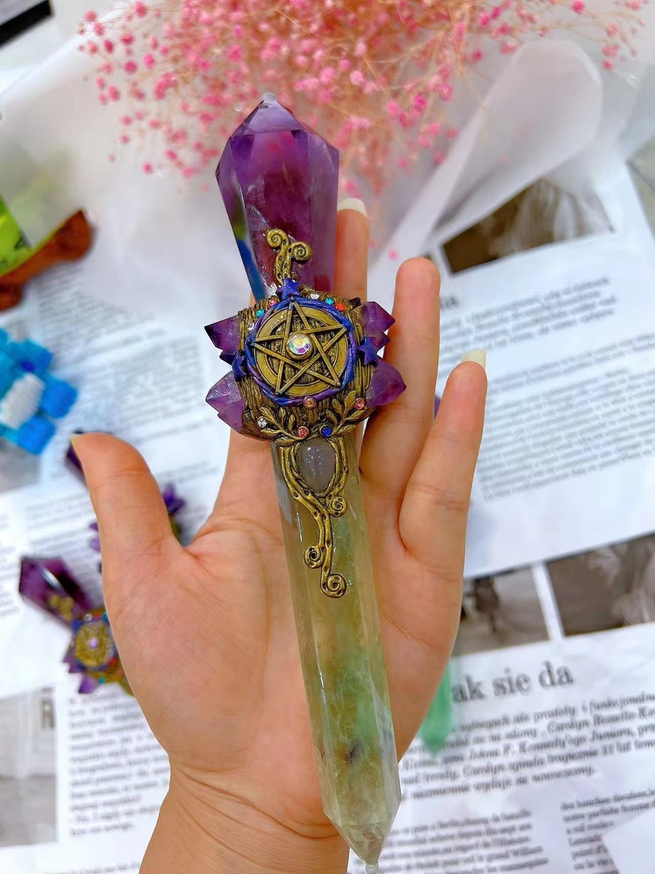 Handmade Crystal Magic Wand Healing Spiritual Witchcraft Magic Stick Incense Expanding Ore Crystal and Stone Natural Stone