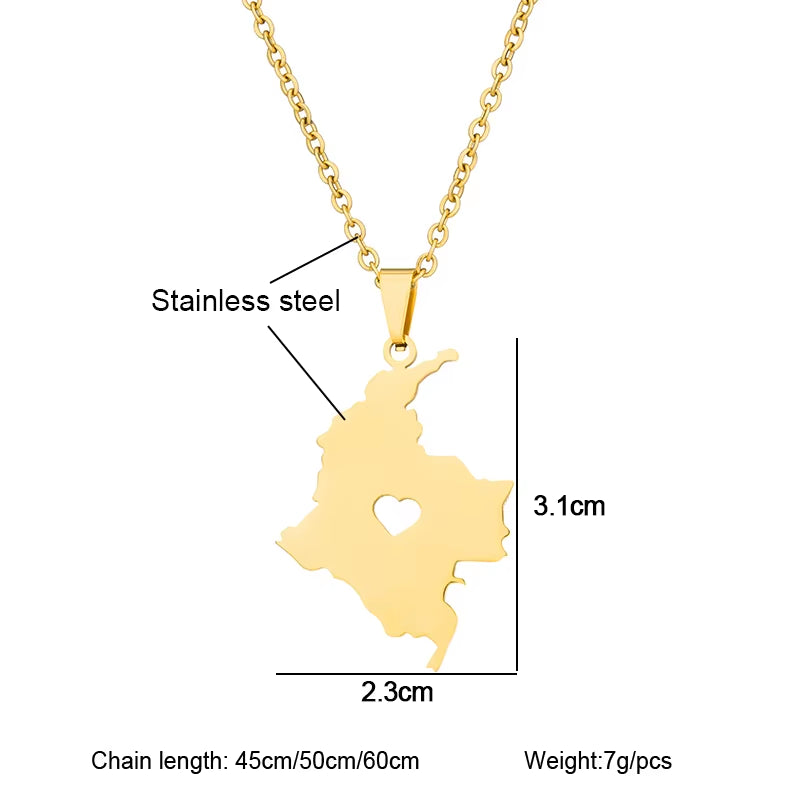 Stainless Steel Colombian Map Flag Pendant Necklaces Gold Silver Color Country Men Women Map Jewelry Gift