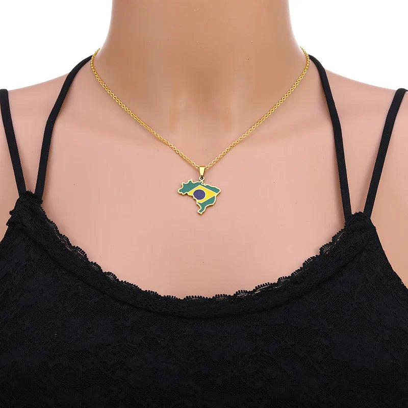 Brazil Map Flag Pendant Necklace - Stylish Stainless Steel Jewelry for Men & Women - Perfect Gift in Gold & Silver Colors