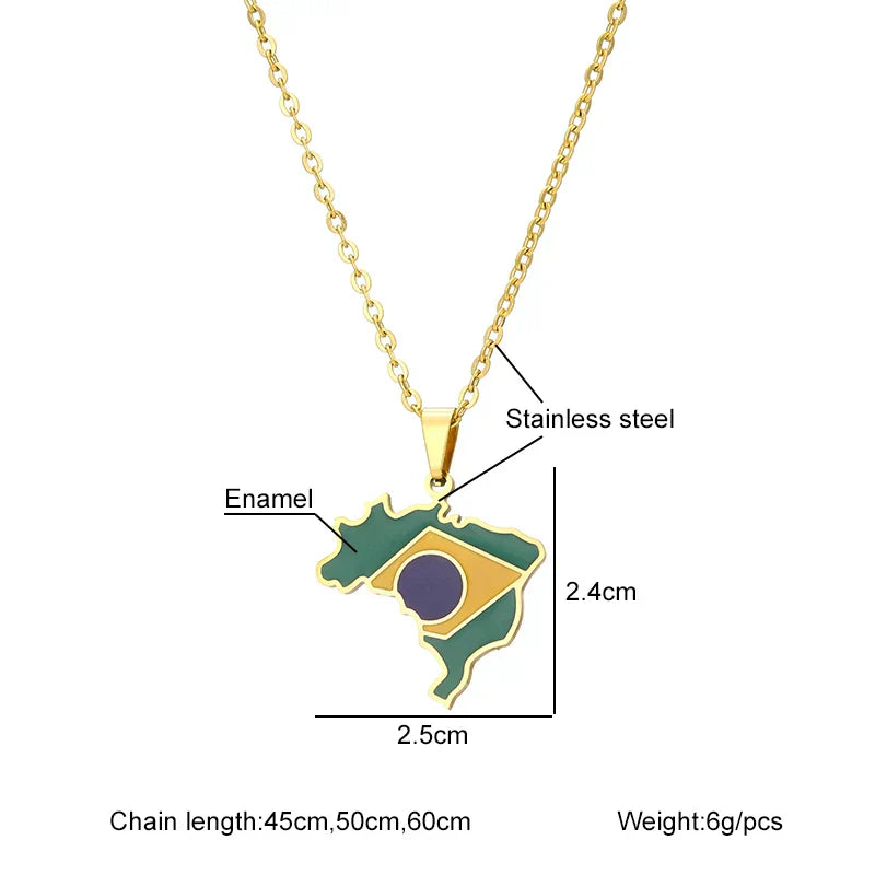 Brazil Map Flag Pendant Necklace - Stylish Stainless Steel Jewelry for Men & Women - Perfect Gift in Gold & Silver Colors