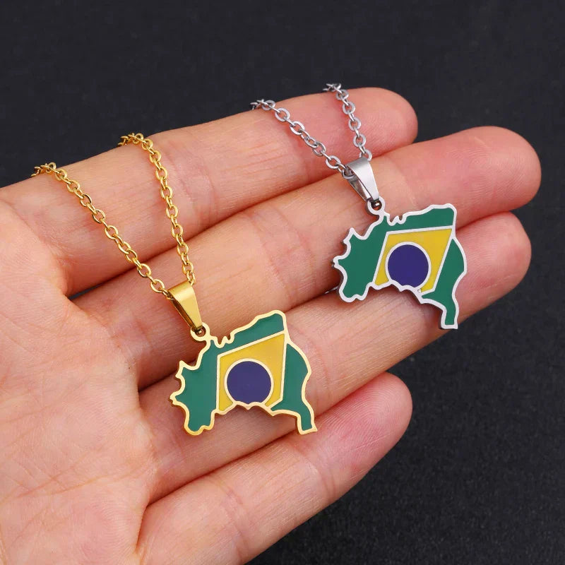 Brazil Map Flag Pendant Necklace - Stylish Stainless Steel Jewelry for Men & Women - Perfect Gift in Gold & Silver Colors