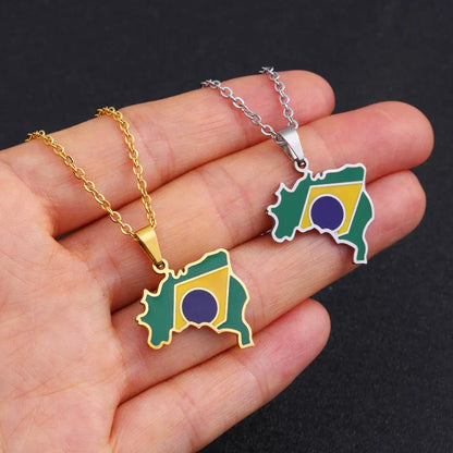 Brazil Map Flag Pendant Necklace - Stylish Stainless Steel Jewelry for Men & Women - Perfect Gift in Gold & Silver Colors