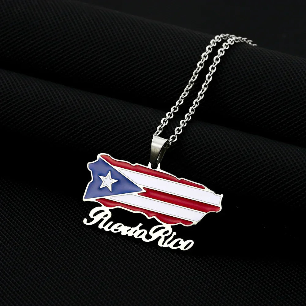 Fashion USA Puerto Rico Map Flag Pendant Necklaces Stainless Steel Maps Jewelry for Men Women Gift