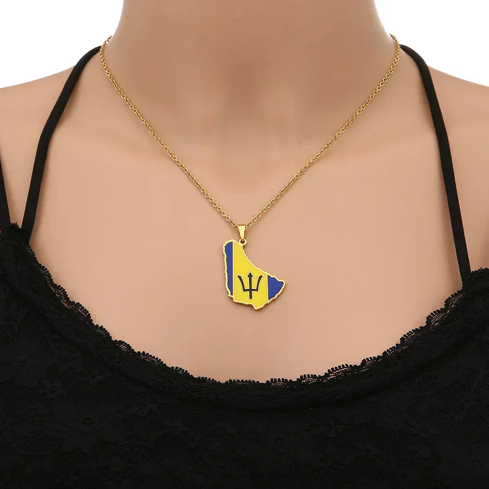 Barbados Map Flag Pendant Necklace Stainless Steel for Women Girls Gold Silver Color Charm Fashion Caribbean Sea Jewelry Gift