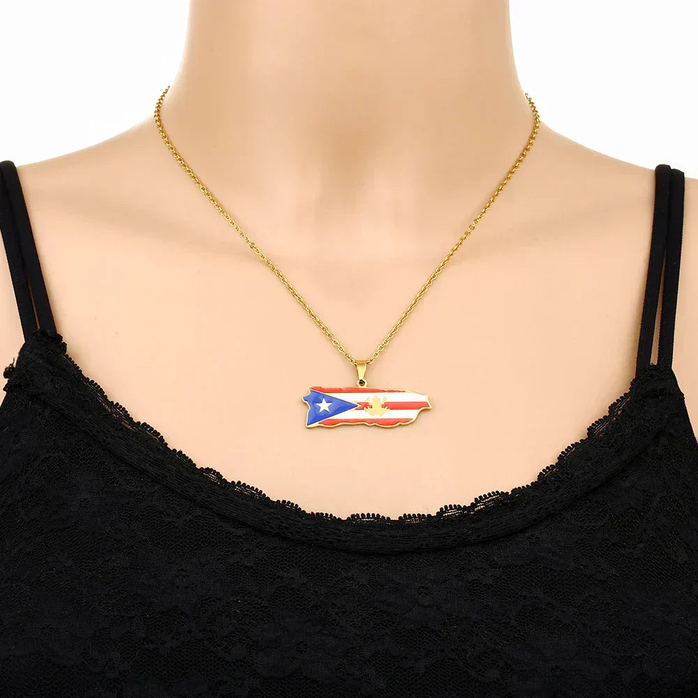 Fashion USA Puerto Rico Map Flag Pendant Necklaces Stainless Steel Maps Jewelry for Men Women Gift