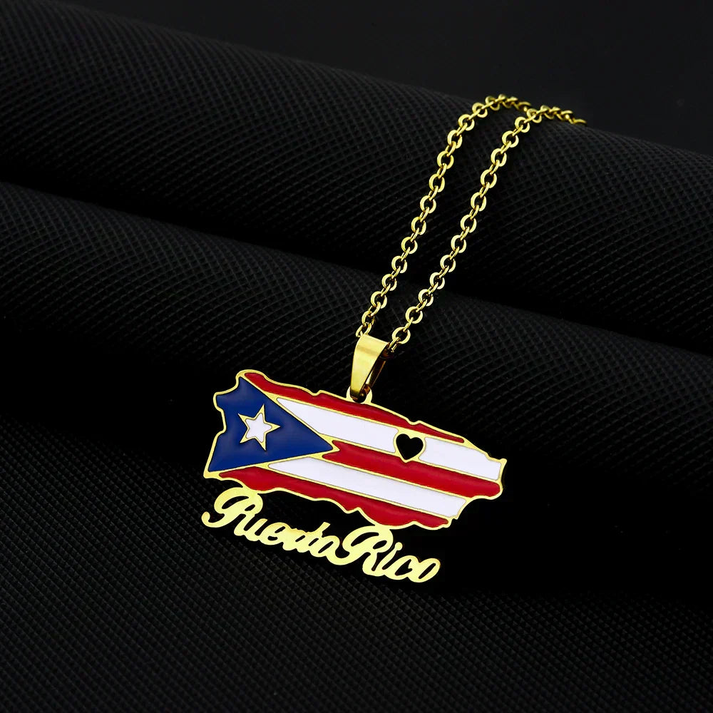 Fashion USA Puerto Rico Map Flag Pendant Necklaces Stainless Steel Maps Jewelry for Men Women Gift