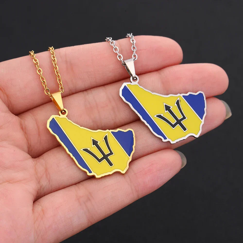 Barbados Map Flag Pendant Necklace Stainless Steel for Women Girls Gold Silver Color Charm Fashion Caribbean Sea Jewelry Gift