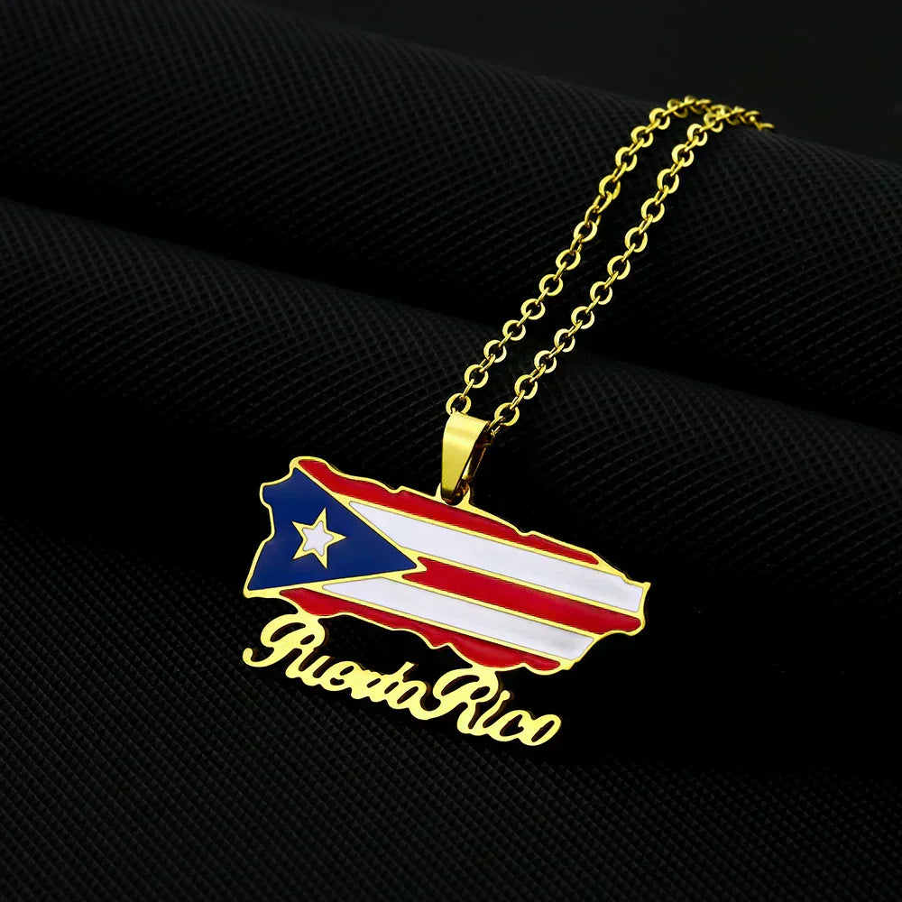 Fashion USA Puerto Rico Map Flag Pendant Necklaces Stainless Steel Maps Jewelry for Men Women Gift