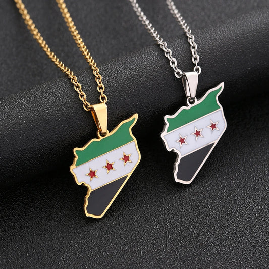 Fashion Free Syrian Army Map Flag Pendant Necklace Stainless Steel Gold/Silver Color Syrians Men Women Maps Jewelry Ethnic Gift