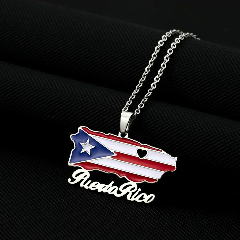 Fashion USA Puerto Rico Map Flag Pendant Necklaces Stainless Steel Maps Jewelry for Men Women Gift