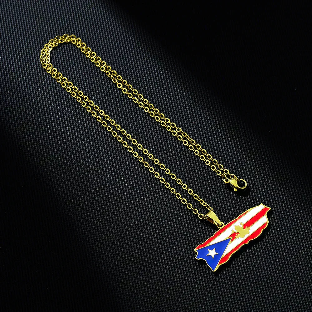 Fashion USA Puerto Rico Map Flag Pendant Necklaces Stainless Steel Maps Jewelry for Men Women Gift