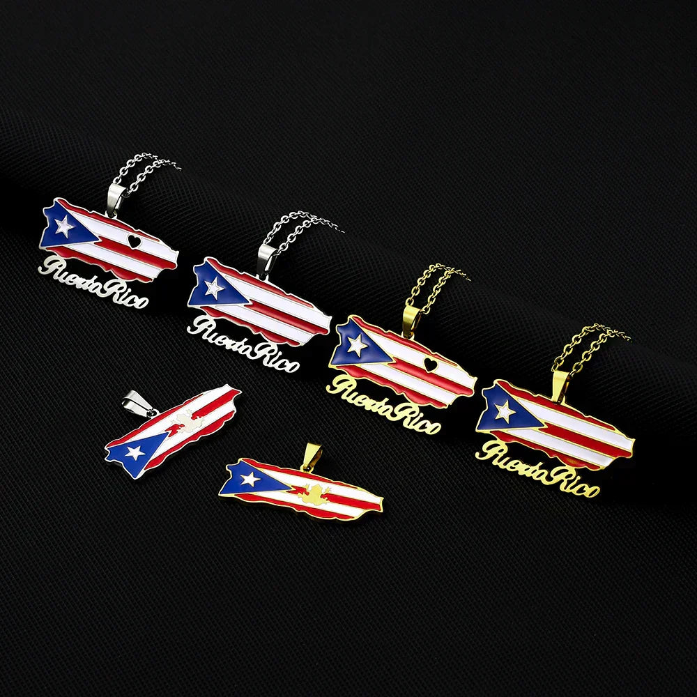 Fashion USA Puerto Rico Map Flag Pendant Necklaces Stainless Steel Maps Jewelry for Men Women Gift