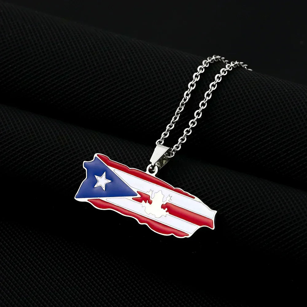 Fashion USA Puerto Rico Map Flag Pendant Necklaces Stainless Steel Maps Jewelry for Men Women Gift