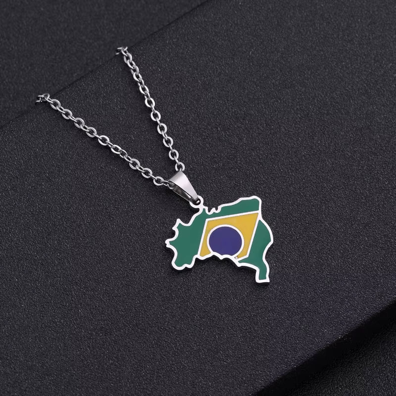 Brazil Map Flag Pendant Necklace - Stylish Stainless Steel Jewelry for Men & Women - Perfect Gift in Gold & Silver Colors