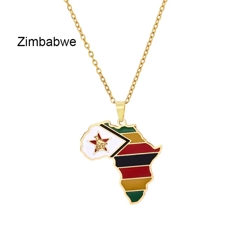 African Map Flag Pendant Necklace Stainless Steel Men Women Rwanda Sudan Uganda Zimbabwe Zambia Ethnic Maps Jewelry Gift